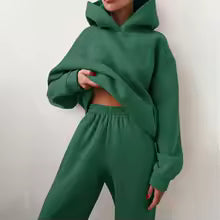 Ensemble Deux Pièces Femme – Survêtement Épais à Capuche, Manches Longues, Pantalon Taille Élastique avec Poches – Style Décontracté